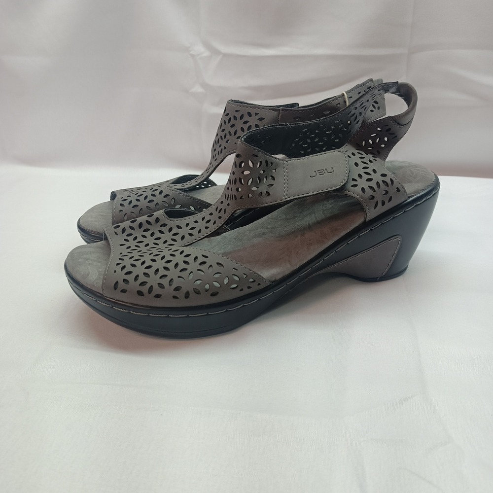 JBU Jambu Chloe Gray Vegan Laser Cut Wedge Sandals Memory Foam Womens 8.5M New